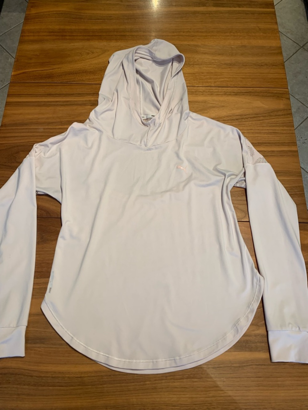 Puma Training Hoodie, long sleeve, hood, key hole back, beige, lace, EUC, Sz L